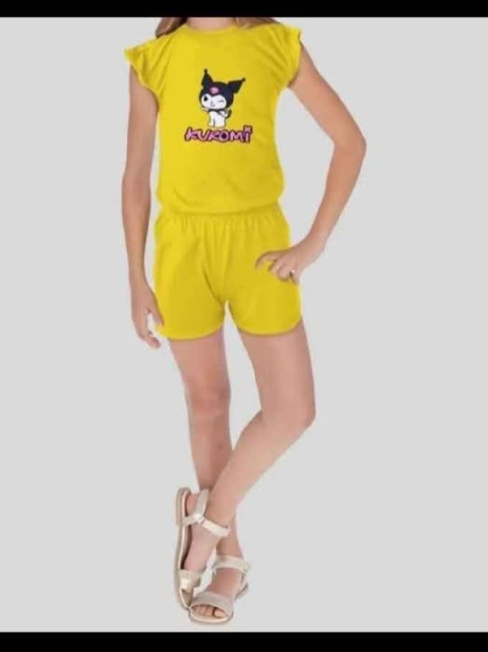 Kuromi Yellow Girls Short Sleeve Pajama Set - Top & Shorts